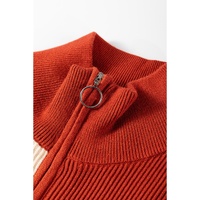 Brown Stripe Color Block Quarter Zip Collar Short Sleeve Sweater Dress - L thumbnail