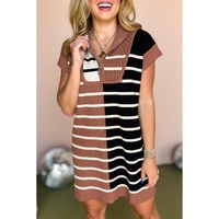 Black Stripe Color Block Quarter Zip Collar Short Sleeve Sweater Dress - L thumbnail