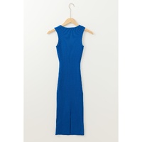 Dark Blue Solid Ribbed Knit Sheath Sleeveless Midi Sweater Dress - M thumbnail