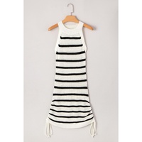 Black Stripe Knitted Drawstring Detail Sleeveless Dress - M thumbnail