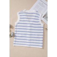 Sky Blue Stripe V Neck Gold Buttons Elegant Sweater Vest - L thumbnail