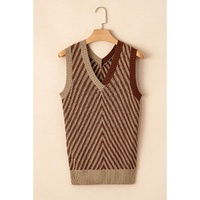 Light French Beige Contrast Chevron Knit V Neck Sweater Vest - M thumbnail