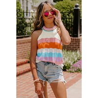 Multicolour Wavy Striped Print Textured Knit Sleeveless Sweater Top - M thumbnail