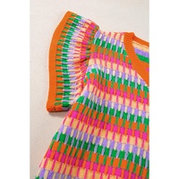 Orange Multicolor Flutter Sleeve Knitted Sweater Top - L thumbnail