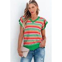 Green Multi Flutter Sleeve Knitted Sweater Top - M thumbnail