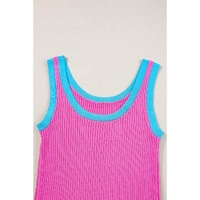 Bright Pink Colorblock Edge Ribbed Knit U Neck Tank Top - L thumbnail