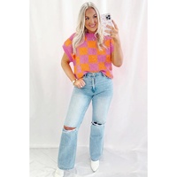 Strawberry Pink Colorblock Plaid Pattern Ribbed Trim Sweater Tank Top - L thumbnail