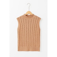 Light French Beige Solid Color Cable Knit High Neck Tank Top - S thumbnail