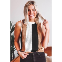Khaki Stripe Color Block Sleeveless Knitted Sweater Vest - L thumbnail