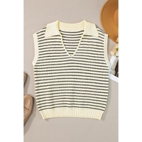 Beige Stripe Turn-down V Neck Sweater Tank Top - XL thumbnail