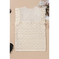 Beige Embroidered Patchwork Hollow Out Knitted Ruffle Sweater Vest - XL thumbnail