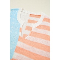 Beige USA Flag Notched Neckline Loose Sweater Vest - L thumbnail