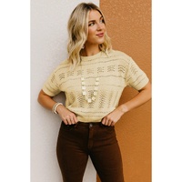 Beige Knitted Hollow out Short Sleeve Crop Sweater - L thumbnail