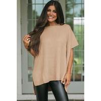 Apricot Short Sleeve Side Slit Oversized Sweater - S thumbnail