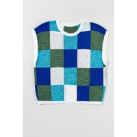 Dark Blue Color Block Cap Sleeve Sweater - L thumbnail