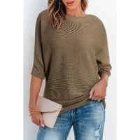 Coffee Round Neck Half Sleeve Ribbed Knit Top - S thumbnail