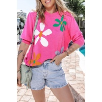 Bright Pink Floral Bubble Short Sleeve Sweater - XL thumbnail