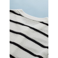 White Stripe Henley Buttoned Placket Drop Shoulder Bracelet Sleeve Knit Sweater Tee - L thumbnail