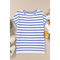 Sky Blue Stripe Knitted Bat Sleeve T Shirt - L thumbnail
