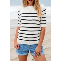 White Stripe Striped Half Sleeve Knitted Tee - L thumbnail