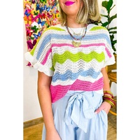 White Colorblock Crochet Knit Ruffled Short Sleeve Sweater Top - L thumbnail