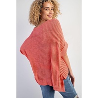 Fresh Salmon Rolled Cuffs Loose Knit Tee with Slits - L thumbnail