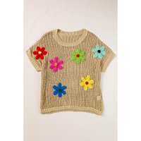 Light French Beige Crochet Flower Hollow-out Sweater T Shirt - S thumbnail