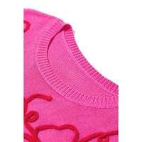 Bright Pink Flower Embroidery Short Sleeve Knitwear Top - L thumbnail