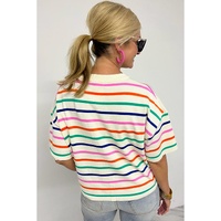 Beige Stripe Dropped Short Sleeve Boxy Fit Knitted Top - L thumbnail
