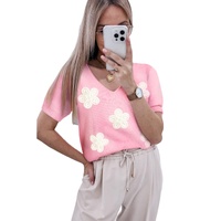Pink Flower Crochet V Neck Short Sleeve Sweater - M thumbnail