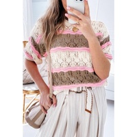 Brown Stripe Color Block Hollow Out Crochet Half Sleeve Sweater - L thumbnail