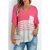 Strawberry Pink Contrast Stripes V Neck Knitted Short Sleeve Top - M thumbnail