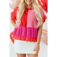 Tomato Red Mix Knitted Patchwork Ruffle Trim Loose Sweater - L thumbnail