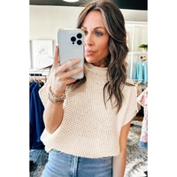 Beige High Neck Bat Short Sleeve Sweater - L thumbnail