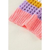 Pink Stripe Colorblock Hollowed Crochet 3/4 Sleeve Sweater - S thumbnail