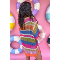 Orange Stripe Colorblock Hollowed Crochet 3/4 Sleeve Sweater - M thumbnail