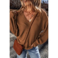 Camel Ribbed Knit Drop Sleeve V Neck Loose Fit Sweater - M thumbnail