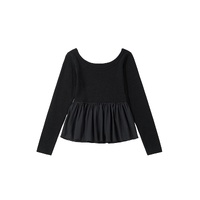 Black Ribbed Knit Long Sleeve Scoop Neck Peplum Patchwork Top - S thumbnail