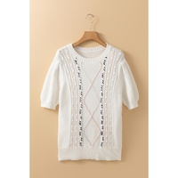 White Multicolor Stitch Detail Cable Knit Short Sleeve Sweater - S thumbnail