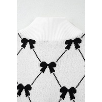 Black Preppy Vibes Bow Print Zipped Collar Sweater Tee - L thumbnail
