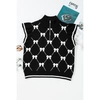 Black Preppy Vibes Bow Print Zipped Collar Sweater Tee - L thumbnail