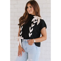 Black Cable Knit Colorblock Satin Bowknot Short Sleeve Sweater - L thumbnail