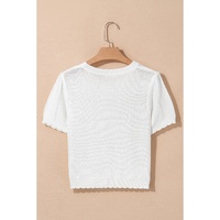 White Pointelle Knit Short Puff Sleeve Crewneck Sweater - M thumbnail