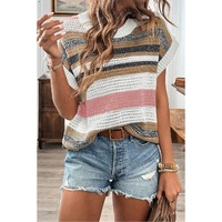 Pink Stripe Color Block Eyelet Knit Short Sleeve Sweater Tee - L thumbnail
