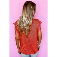 Orange Solid Color Split V Neck Short Sleeve Sweater - L thumbnail