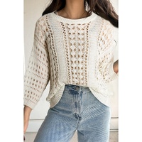 Azura Exchange White Hollow Out Knit Bracelet Sleeve Drop Shoulder Sweater - L thumbnail