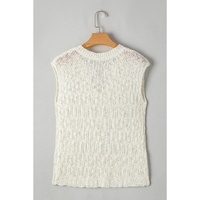 Beige Notched V Neck Short Sleeve Sweater - L thumbnail