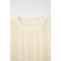 Beige Hollowed Pattern Knit Short Puff Sleeve Sweater - S thumbnail