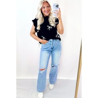 Black Bow Print Side Ties Scalloped Hem Sweater T Shirt - L thumbnail