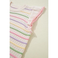 Oatmeal Colorful Striped Eyelet Knit Ruffled Sleeve Sweater T Shirt - S thumbnail